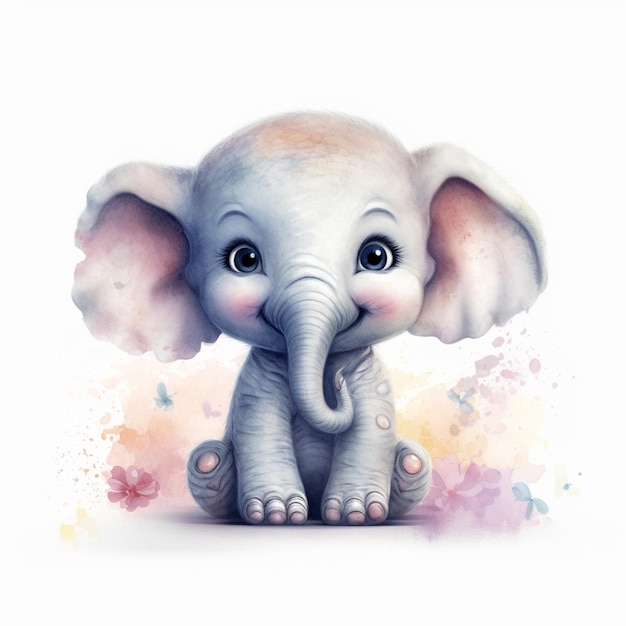 Um elefante bebê com orelhas cor-de-rosa senta-se em um fundo branco com um padrão floral.