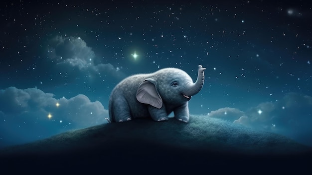 Um elefante bebê está em uma colina com um céu estrelado ao fundo.