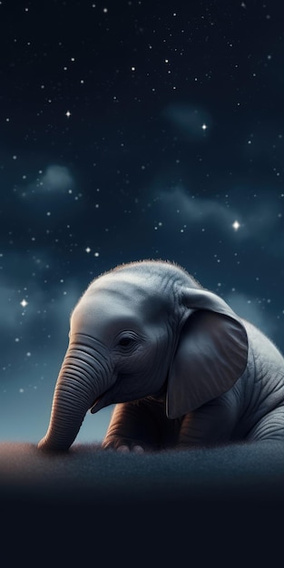 Um elefante bebê senta-se no céu noturno.