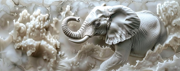 Foto um elefante branco com uma presas que tem o tronco enrolado
