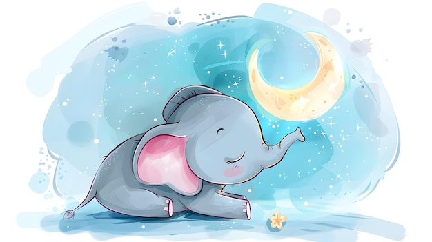 um elefante cinza com uma boca vermelha e rosa senta-se no chão sob uma lua com uma sombra azul no fundo