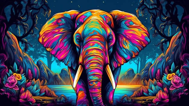 Um elefante colorido com um fundo azul