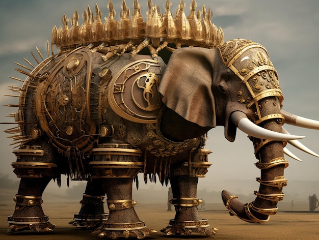 Um elefante com cabeça dourada e capacete dourado.