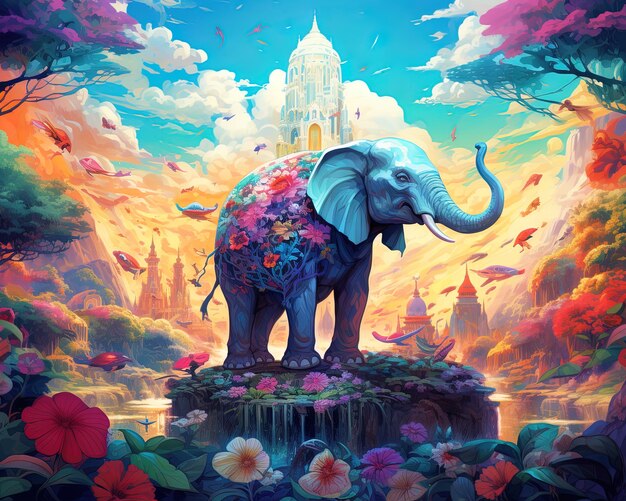 um elefante com flores e um edifício ao fundo