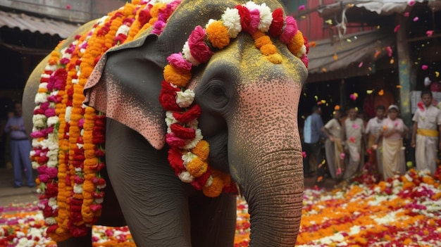 Um elefante com flores na cabeça está em frente a um cenário de flores.