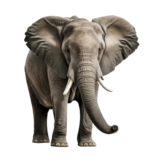 Um elefante com presas e um fundo branco
