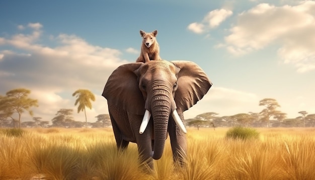 Foto um elefante com presas em sua cabeça está de pé em um campo com palmeiras ao fundo