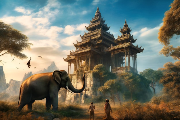 Um elefante com um grande pagode ao fundo