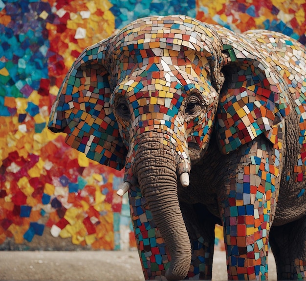 um elefante com um pedaço de mosaico nele