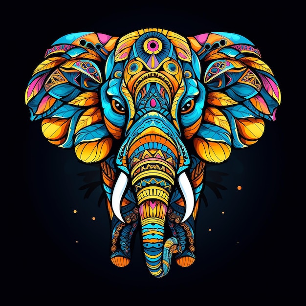 um elefante com um rosto colorido e as palavras " elefante " citadas nele