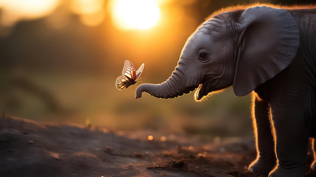 Foto um elefante com uma borboleta no tronco