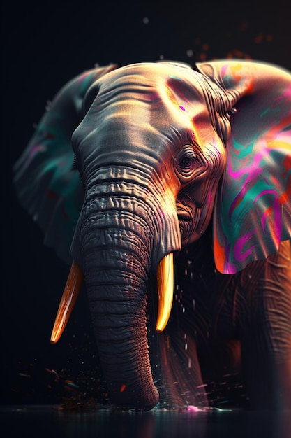 Um elefante com uma presa colorida do arco-íris