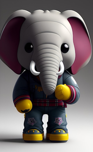 Um elefante de brinquedo com camisa roxa e calça azul fica na frente de um fundo cinza.