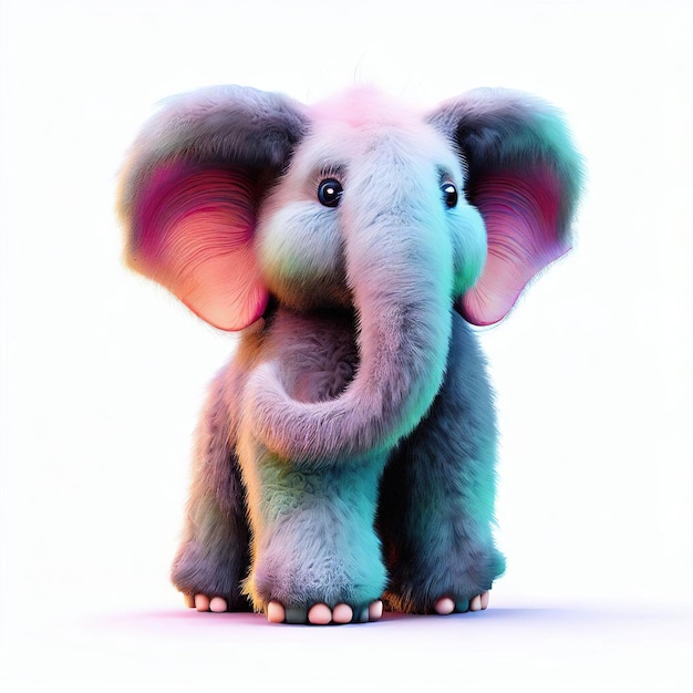 Um elefante de brinquedo com uma orelha rosa que tem um anel azul ao redor de sua tromba.