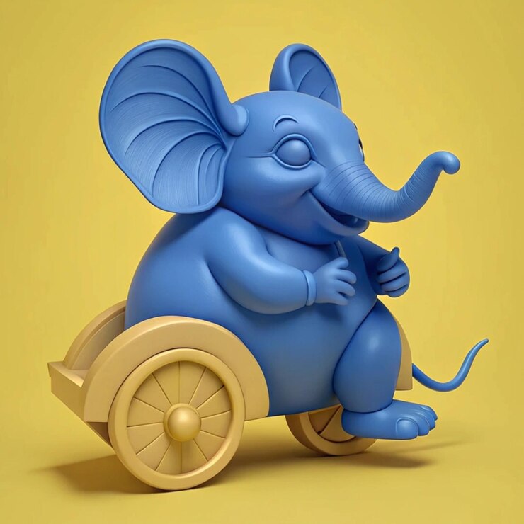 Foto um elefante de brinquedo está montando um carrinho de madeira com uma roda de madeira