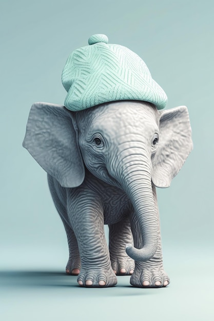 Um elefante de brinquedo usando um chapéu verde e um chapéu azul.