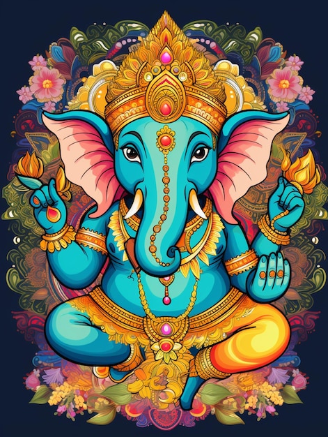 um elefante de desenho animado com uma coroa e uma moldura de flor ai generativa