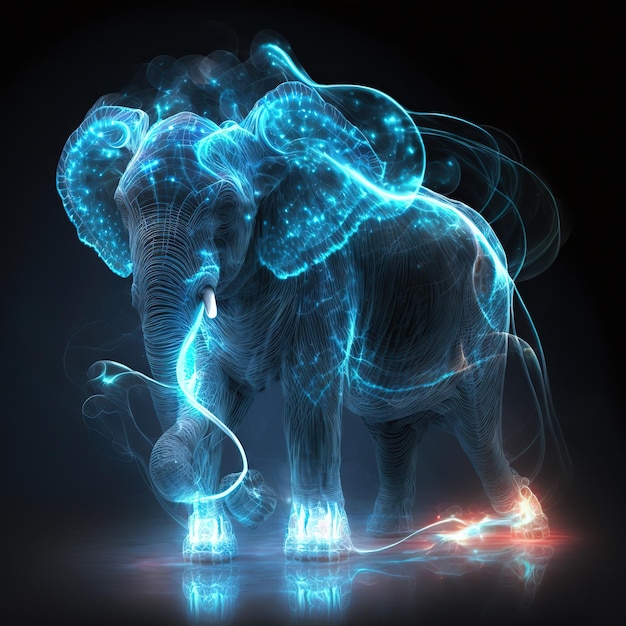 Foto um elefante é iluminado com uma luz azul sobre ele.