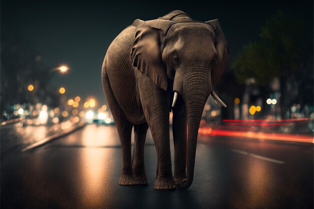 Um elefante em uma estrada à noite
