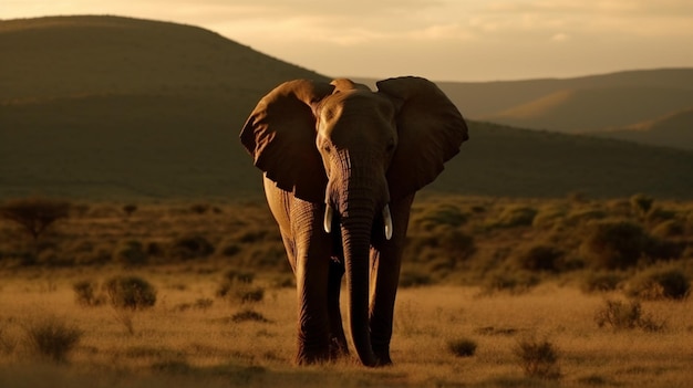 Um elefante está andando na selva com o sol se pondo atrás dele.