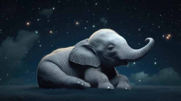 Um elefante está deitado no chão em frente a um céu estrelado.