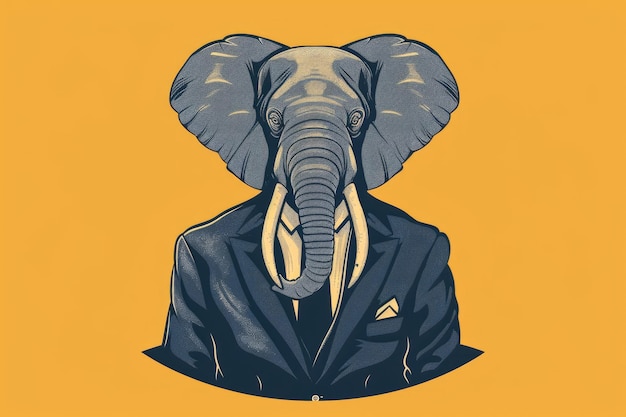 Um elefante está vestido com um terno elegante que exala sofisticação contra um fundo amarelo vibrante
