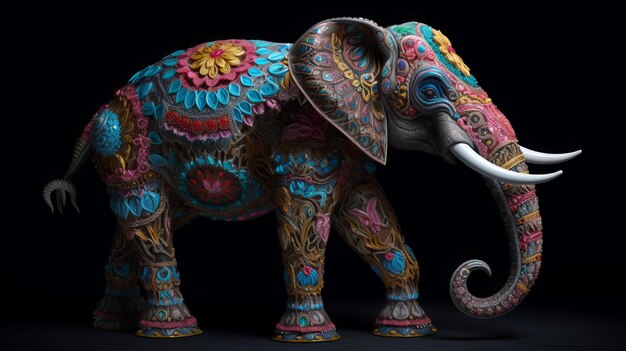 Um elefante feito de enfeites coloridos