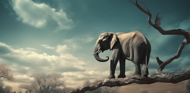 Um elefante fica em um galho de árvore em um céu nublado