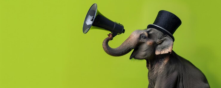 Foto um elefante fresco com um chapéu alto segurando um megafone em um fundo verde limão os elefantes longos