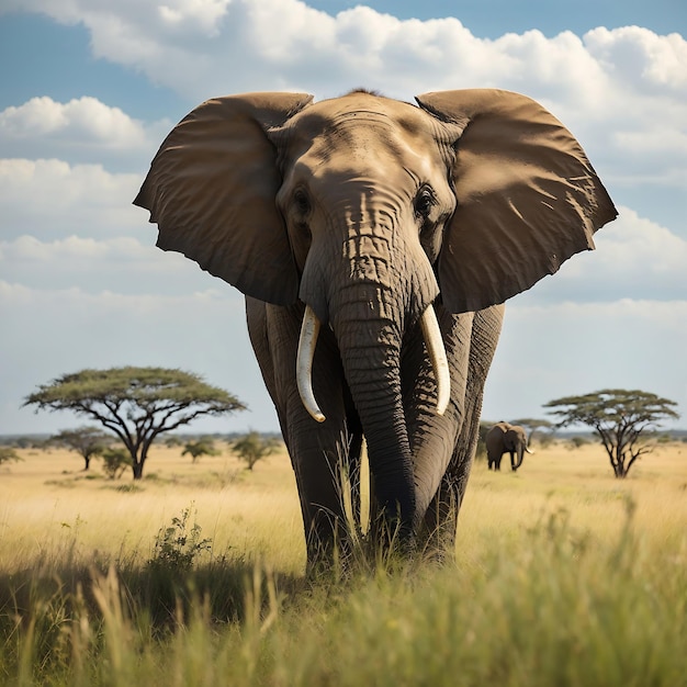 Um elefante majestoso com sua tromba erguida em pé sobre um gramado Ai Gerado
