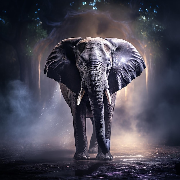 Um elefante místico fotografado com iluminação de fundo de mau humor.