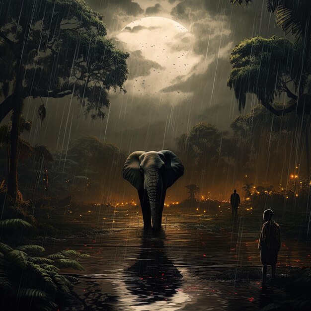 um elefante na chuva com uma lua cheia ao fundo