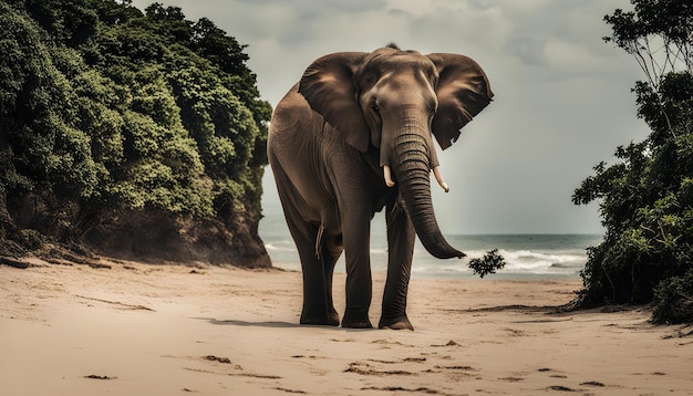 Foto um elefante numa praia com um sinal que diz elefante