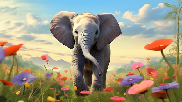 Um elefante passeando por um campo vibrante de flores desabrochando