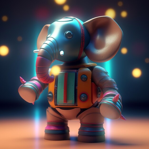 Um elefante robô com uma camisa colorida que diz 'elefante'