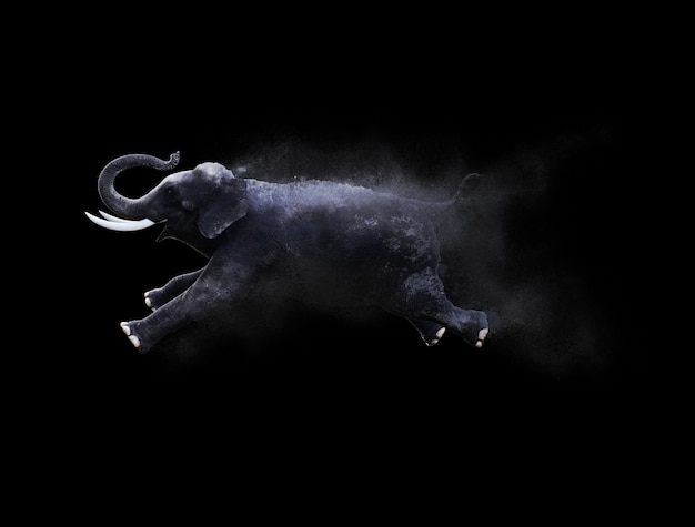 Um elefante se movendo e pulando com efeito de partículas de poeira no fundo preto