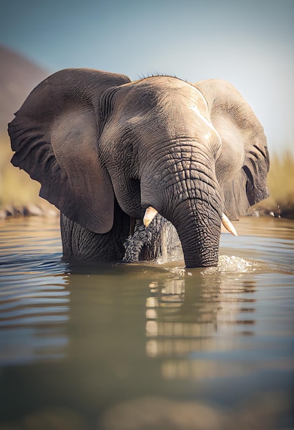 Um elefante se refrescando em um lago em um dia quente generative ai