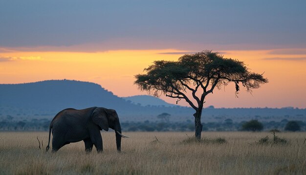 Foto um elefante solitário na vastidão da savana ao anoitecer