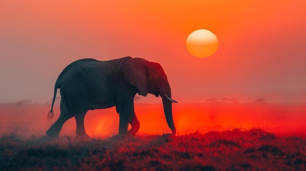 Um elefante solitário, sua silhueta contra o pôr-do-sol, a poeira levantando-se em torno de seus pés maciços enquanto se move pelas planícies africanas, uma imagem icônica da beleza selvagem.