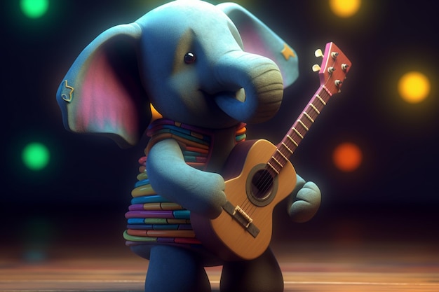 Um elefante tocando violão com uma camiseta colorida.