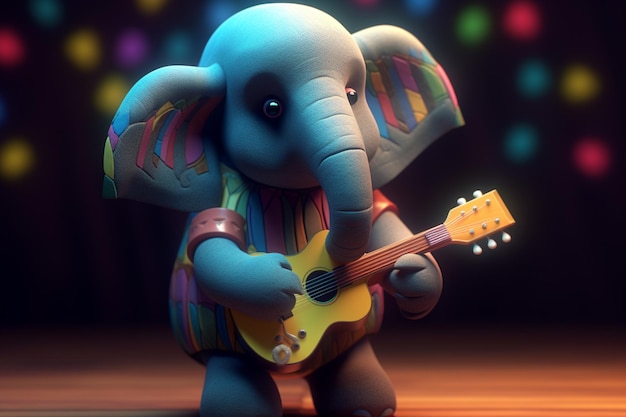 Um elefante tocando violão em uma cena de circo.