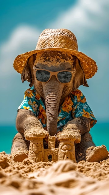 um elefante vestido com uma camisa havaiana, calções de praia, chapéu, óculos de sol está construindo um castelo de areia na praia em um dia claro e ensolarado