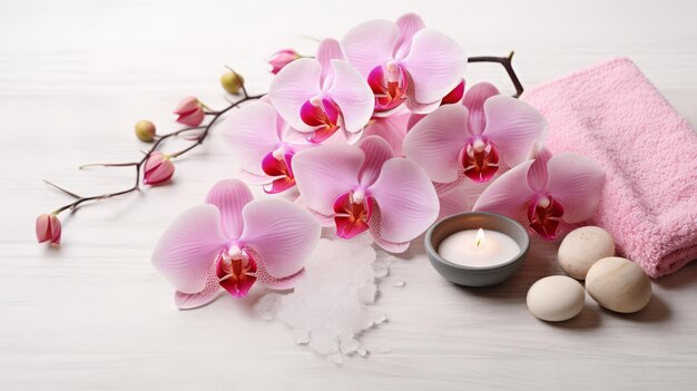 Um elegante ambiente de spa com orquídeas e velas