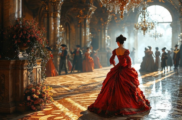 Um elegante baile de máscaras durante os dançarinos do Carnaval de Veneza