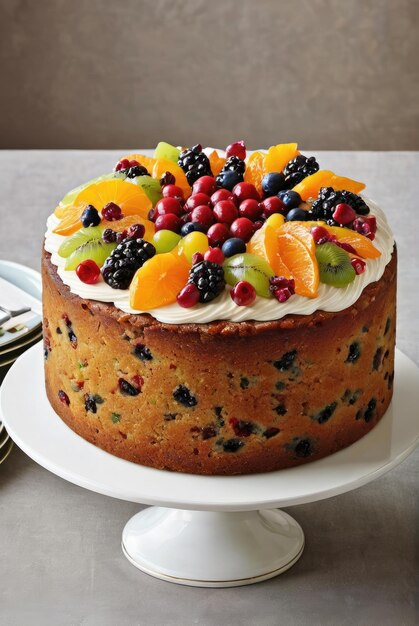 Um elegante bolo de frutas adornado com frutas cristalizadas e frutas secas