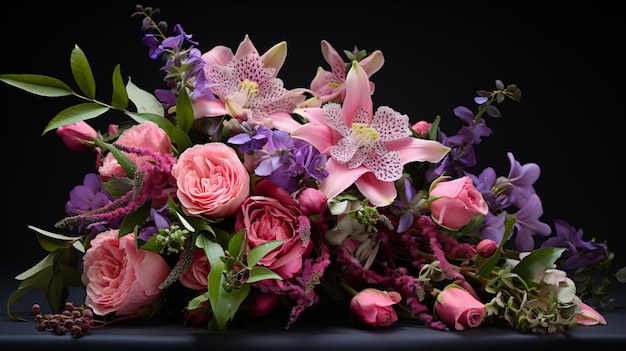 Um elegante buquê de flores cor-de-rosa e roxa