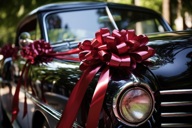 Foto um elegante carro de casamento decorado com fitas