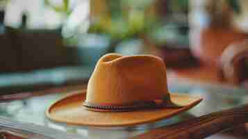 Foto um elegante chapéu de cowboy feito de feltro de lã senta-se em uma mesa de madeira