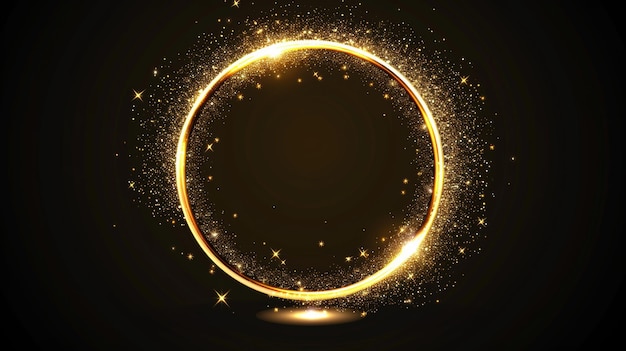 Um elegante círculo brilhante dourado com brilhos brilhantes em um fundo preto Uma ilustração moderna realista de um elemento redondo de luz de néon com faíscas e reflexos dourados
