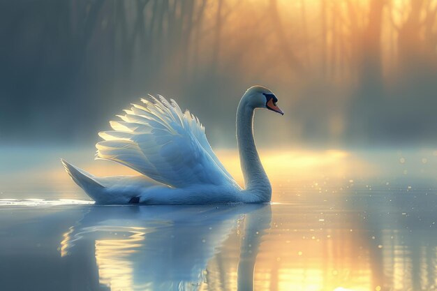 Um elegante cisne desliza pelo lago com o pescoço comprido estendido.